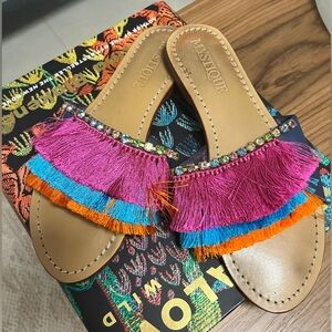 Mystique leather sandals, fringes and crystals, Sz 8